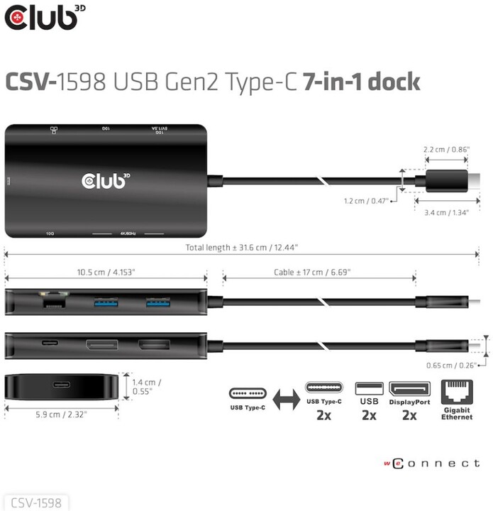 Club3D dokovací stanice USB Gen2 Type-C na Dual DisplayPort 4k60Hz 7-in-1 Portable Dock_778076719