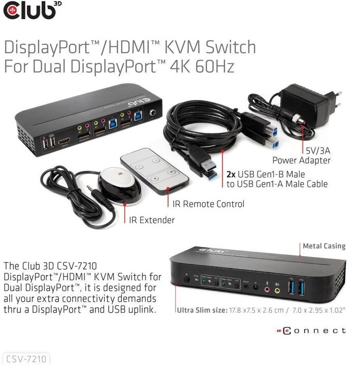 Club3D síťový přepínač - Switch, DP/HDMI KVM Switch - Dual DP 4K@60Hz_2008235467