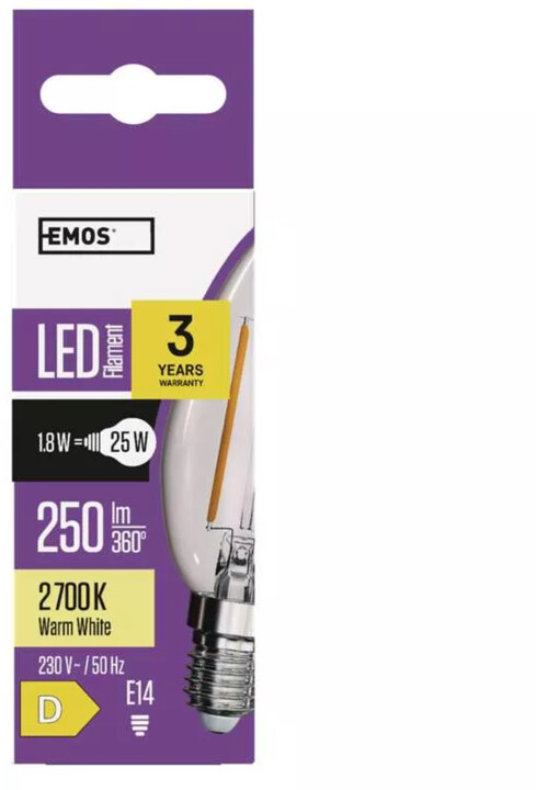 Emos LED žárovka Filament Candle 1,8W (25W), 250lm, E14, teplá bílá_2040499771