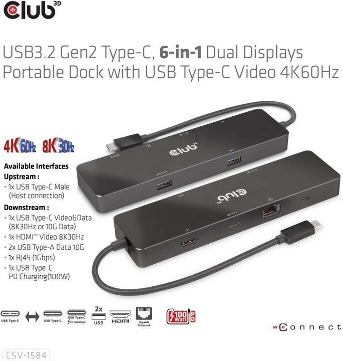 Club3D dokovací stanice USB-C 3.2 Gen1 6in1, USB-C Video, HDMI, 2xUSB-A, USB-C PD 100W, RJ45_1872612524