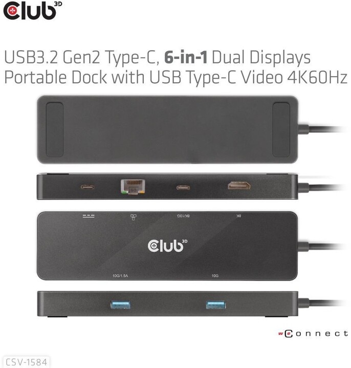 Club3D dokovací stanice USB-C 3.2 Gen1 6in1, USB-C Video, HDMI, 2xUSB-A, USB-C PD 100W, RJ45_2033369713