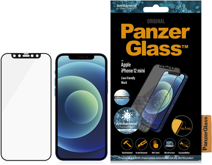 PanzerGlass ochranné sklo Edge-to-Edge pro iPhone 12 mini, antibakteriální, Anti-Glare, 0.4mm, černá_779631016