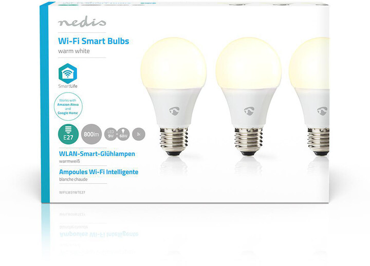 Nedis Wi-Fi chytrá LED žárovka, 3 ks v balení, teplá bílá, E27, .800 lm, 9W, F_834624492