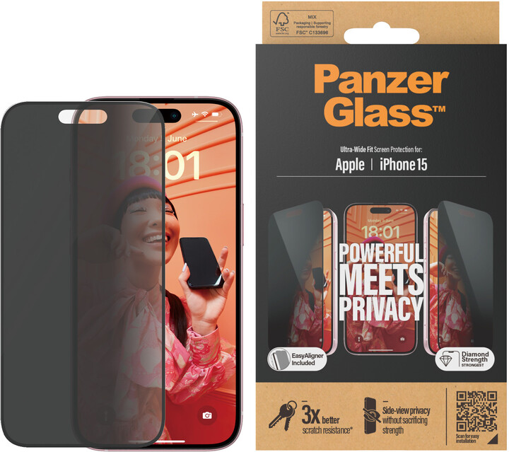 PanzerGlass ochranné sklo Privacy pro Apple iPhone 15 s instalačním rámečkem_1320146188