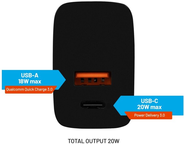 FIXED síťová nabíječka, USB-A, USB-C, PD &amp; QC, 20W, černá_1785472466