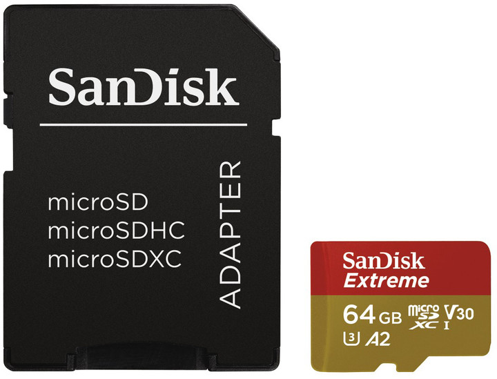 SanDisk Micro SDXC Extreme 64GB 160MB/s A2 UHS-I U3 V30 pro akční kamery + SD adaptér_902442230