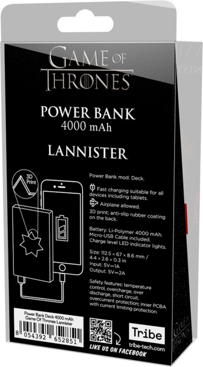 Tribe Game Of Thrones House Lannister 4000mAh Power Bank - Černá_1739959085