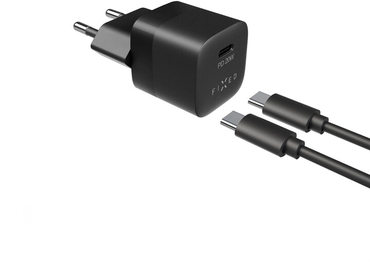 FIXED síťová nabíječka Mini s USB-C, PD, 20W, černá + USB-C - USB-C kabel, 1m, černá_1867213945