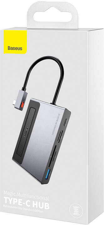 BASEUS multifunkční HUB USB-C, PD 100W, se zatahovacím klipem, šedá_1975542135