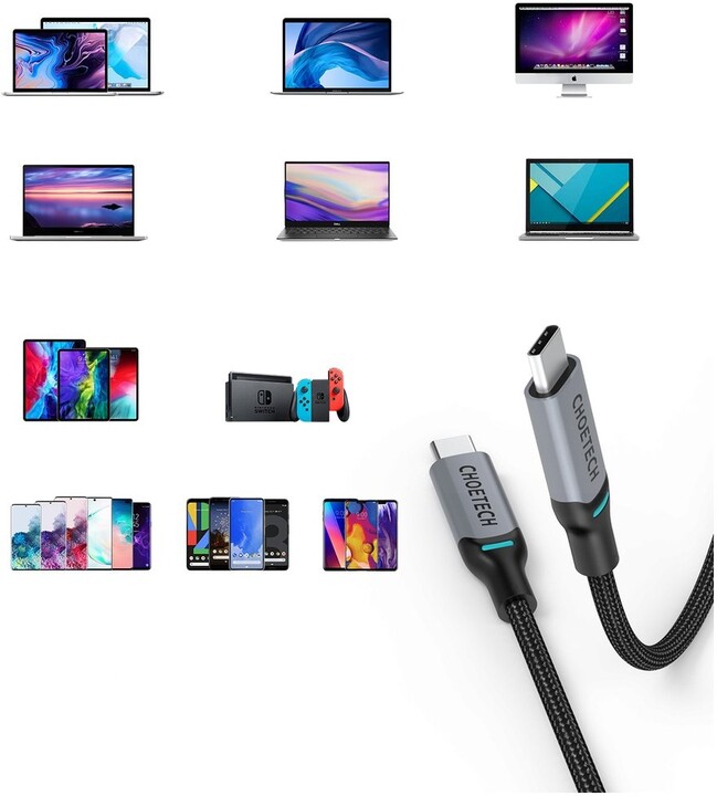 Choetech kabel MIX00073 USB-C - USB-C, opletený, 100W, 5A, 2m, šedá, 2 kusy_865526134