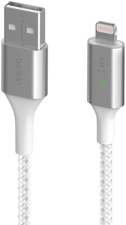Belkin kabel USB-A - Lightning, M/M, MFi, Smart LED, opletený, 1.2m, bílá_1412124012