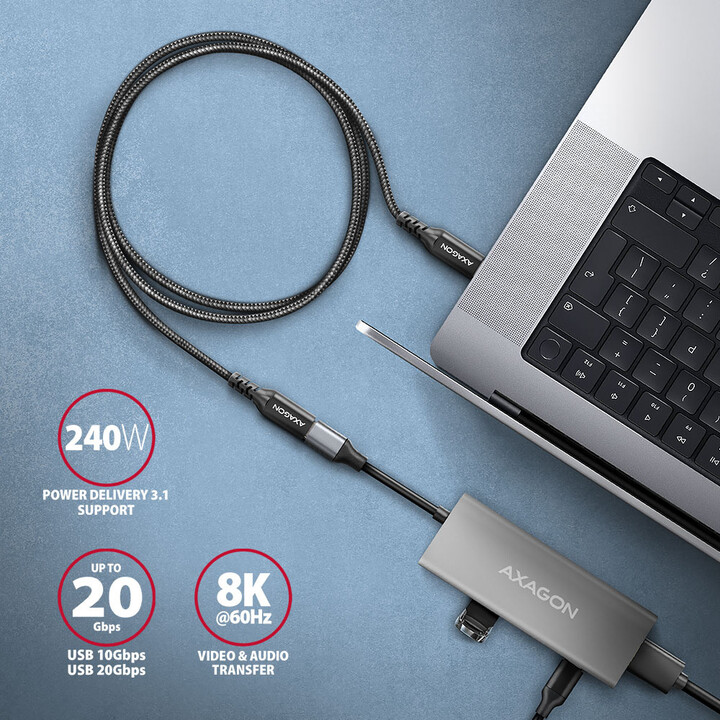 AXAGON kabel prodlužovací USB-C(M) - USB-C(F), USB 20Gbps, PD 240W 5A, 8K HD, ALU, oplet, 0,5m, čern_187897298