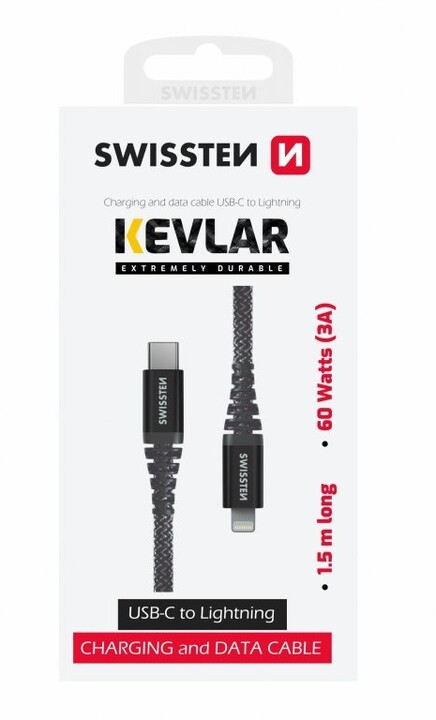 SWISSTEN odolný datový kabel USB-C - Lightning, 60W, kevlarový, 1.5m, černá_1494264232