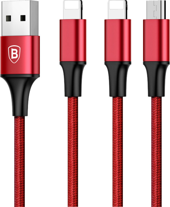 Baseus kabel Rapid Series 3-in-1 Micro + Dual Lightning 3A 1.2M, červená