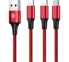 Baseus kabel Rapid Series 3-in-1 Micro + Dual Lightning 3A 1.2M, červená