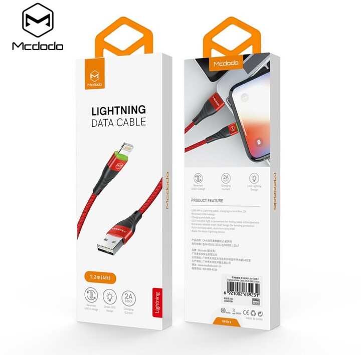 Mcdodo Peacock Lightning datový kabel s LED 1.2m, červená_1149929131