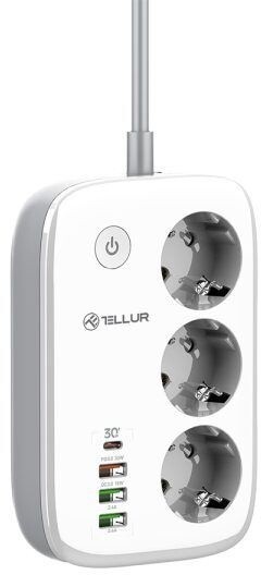 Tellur WiFi Smart Power Strip, 3x zásuvka, 2x USB 2.4A, 1x USB QC18W, 1x USB-C PD30W, 2m, bílá_1907264155