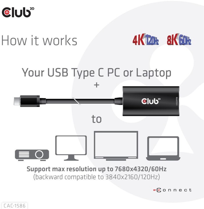 Club3D adaptér aktivní USB-C Gen2 na HDMI 4K120Hz HDR10 s DSC 1.2 (M/F), černá_1426617762