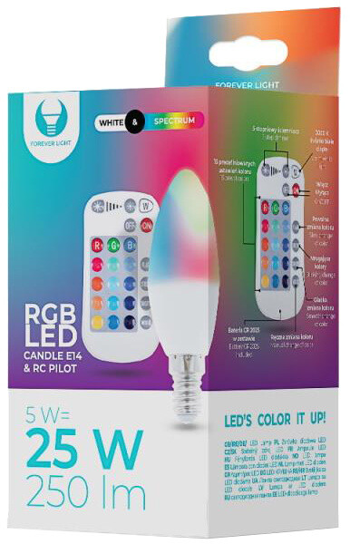 Forever žárovka C37 E14, LED, 5W, RGB, dálkové ovládání
