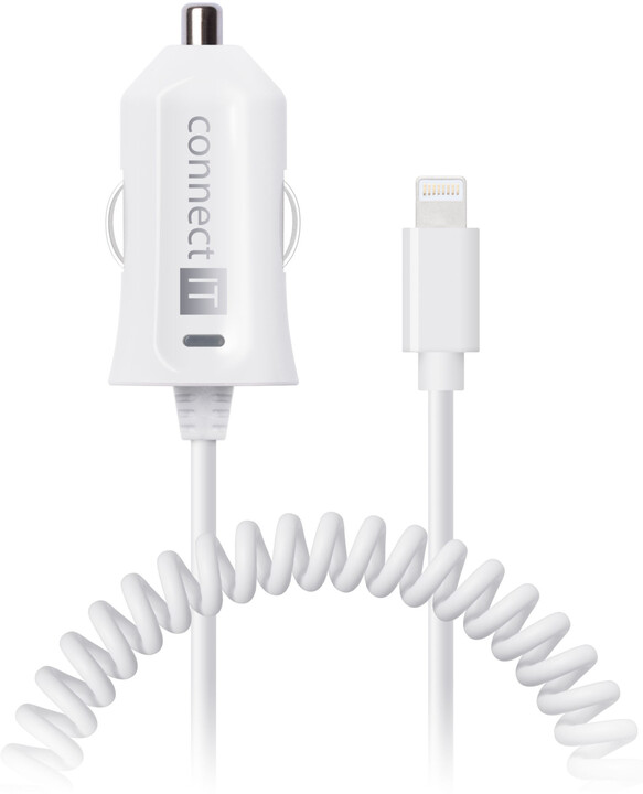 CONNECT IT InCarz nabíječka do auta MFi Apple Lightning 2,4A, 1m spirálový flexibilní kabel, bílá_902371985