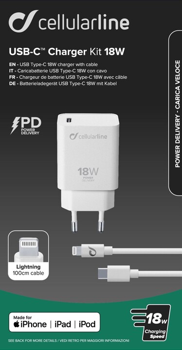 CellularLine nabíječka s USB-C a Lightning, Power Delivery, 18 W, MFI certifikace, bílá_1214633446