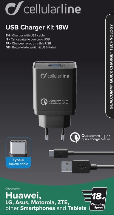 CellularLine nabíjecí set USB adaptéru a USB-C kabelu Qualcomm® Quick Charge™ 3.0, 18W, černá_496902353