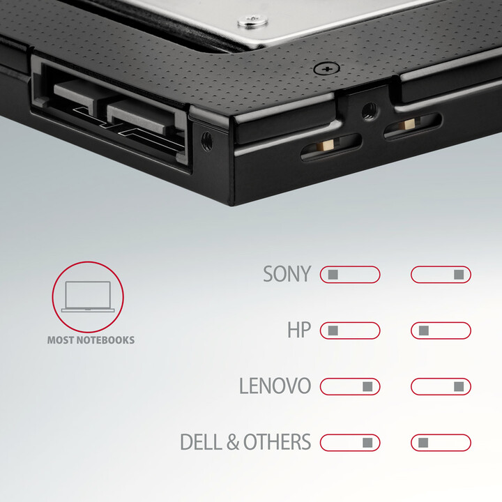 AXAGON RSS-CD12 rámeček pro 2.5&quot; SSD/HDD do DVD slotu, 12.7 mm, LED, hliník_1893933880