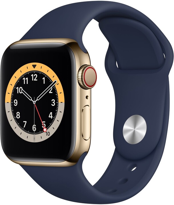Apple Watch Series 6 Cellular, 44mm, Gold Stainless Steel, Navy Sport Band_672223669