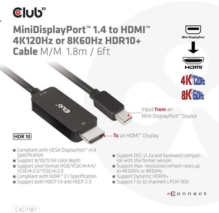 Club3D kabel miniDP 1.4 na HDMI, 4K120Hz nebo 8K60Hz HDR10+, M/M, 1.8m_1110504738