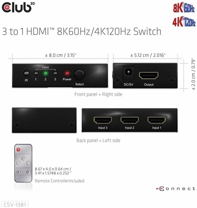 Club-3D HDMI switch 1:3, 8K@60Hz/4K@120Hz_87684885