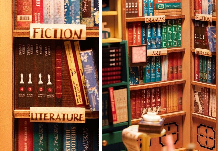 Stavebnice RoboTime miniatura domečku Knihkupectví, zarážka na knihy, dřevěná, LED_1597634310