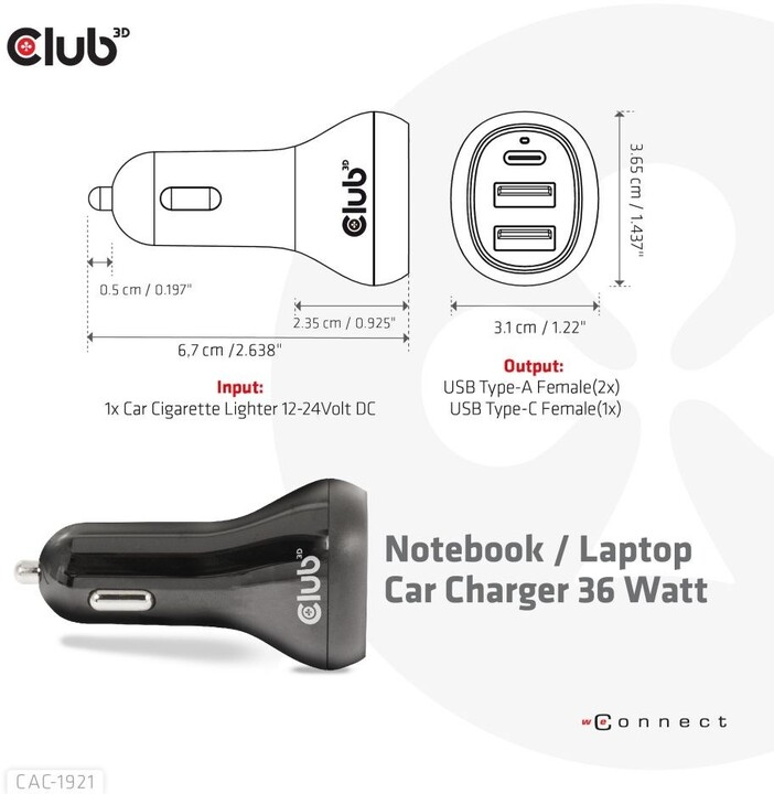 Club3D autonabíječka pro notebooky 36W, 2xUSB-A, USB-C_1657843685