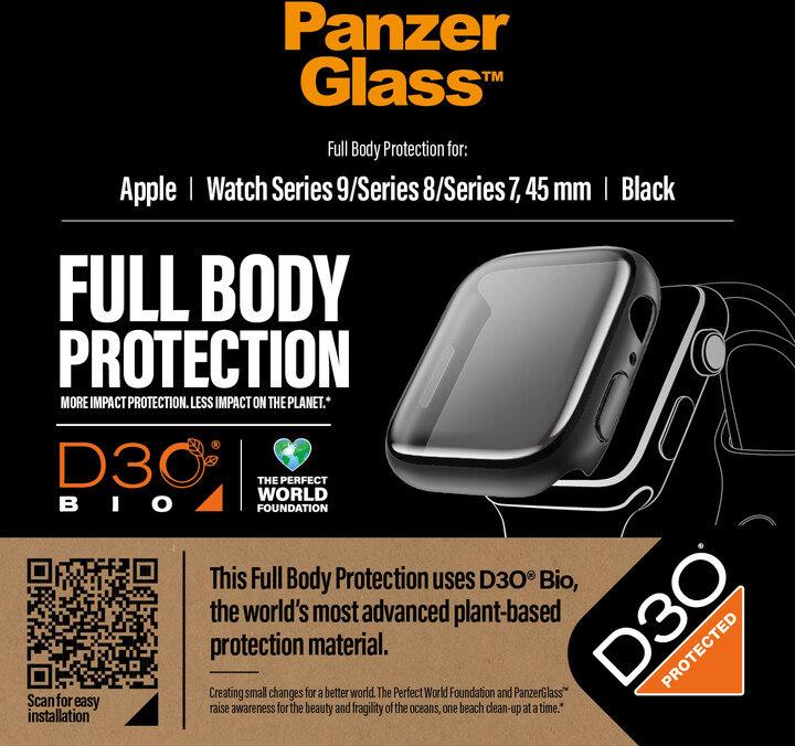 PanzerGlass ochranný kryt s D30 pro Apple Watch Series 9/8/7 45mm, černá_100496974