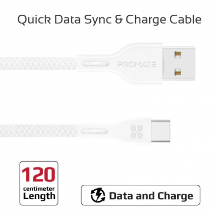 Promate kabel PowerBeam-C USB-C - USB-A, 2A, opletený, 1.2m, bílá