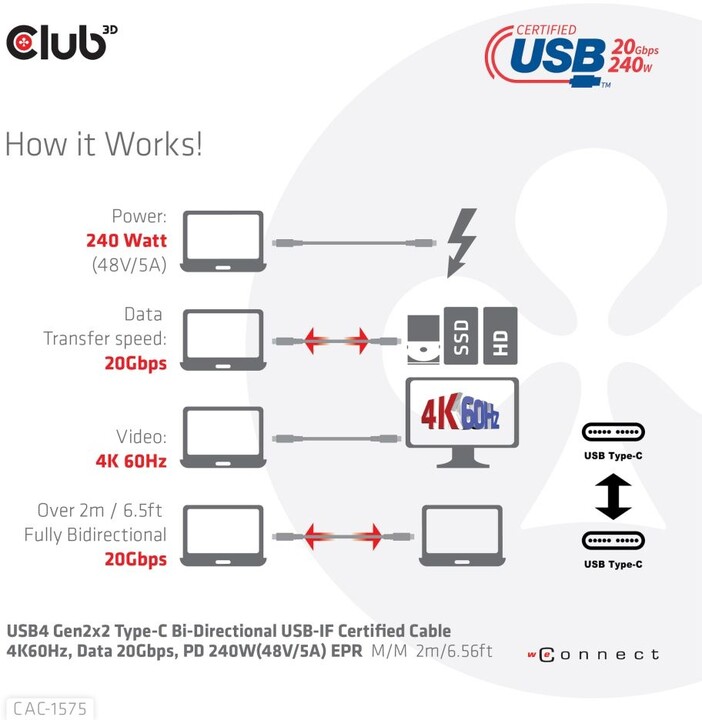 Club3D kabel USB-C, Data 20Gbps, PD 240W(48V/5A) EPR, M/M, 2m_449381237
