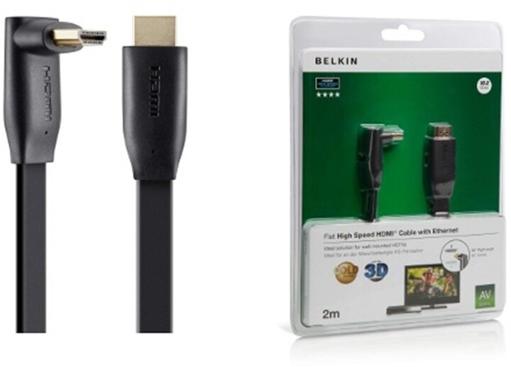 Belkin HDMI/HDMI HighSpeed 3D s Ethernetem, boční 90°, zlacený, 2m_20099333