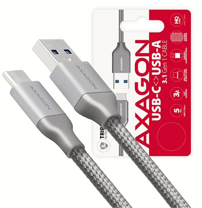 AXAGON SUPERSPEED USB-C - USB-A 3.2 Gen 1, 1m, 3A, oplet, šedý_1199710769
