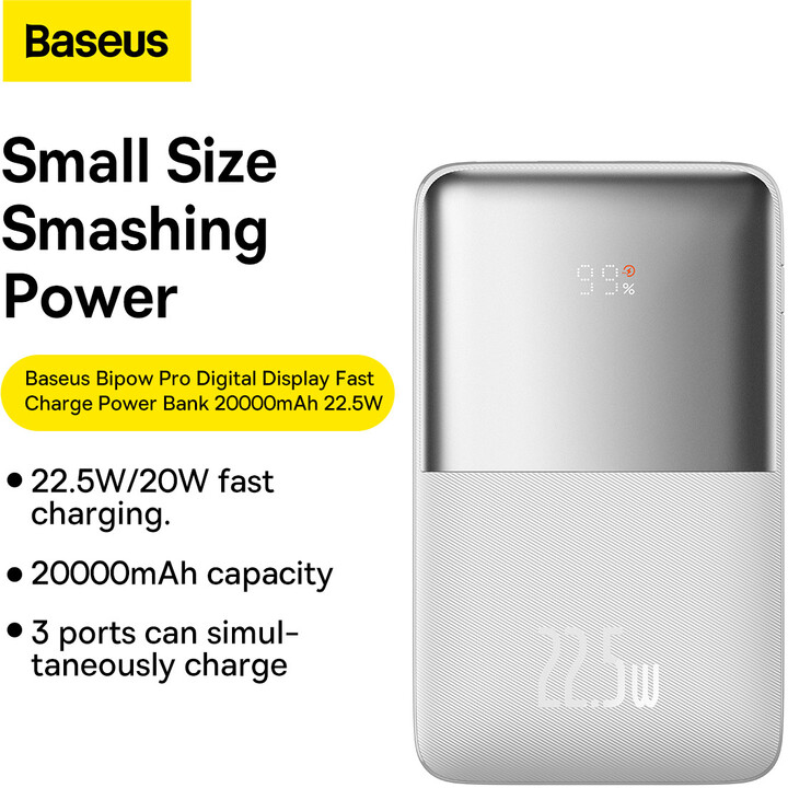 Baseus powerbanka s digitálním displejem Bipow Pro, 20000mAh, 22,5W, bílá +_1426509881