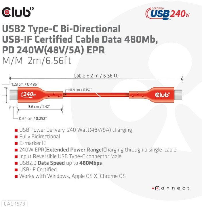 Club3D kabel USB-C, Data 480Mb,PD 240W(48V/5A) EPR, M/M, 2m_336719872
