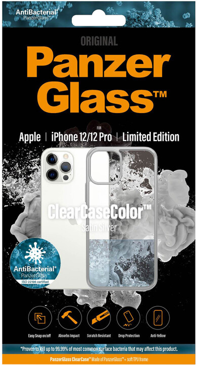 PanzerGlass ochranný kryt ClearCase pro iPhone 12/12 Pro, antibakteriální, stříbrná_248369666
