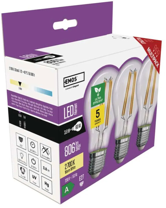 Emos LED žárovka Filament 3,8W (60W), 806lm, E27, teplá bílá, 3ks_1860216209