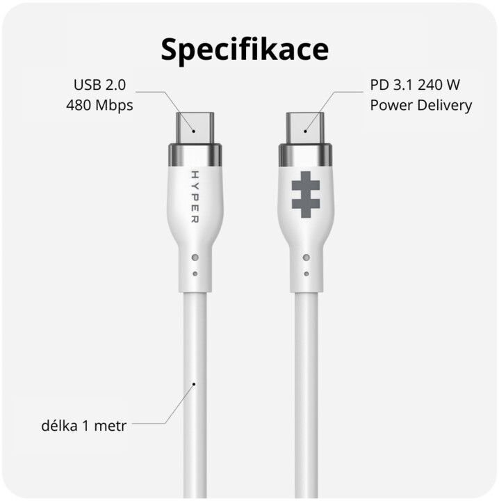 Hyper® nabíjecí kabel Silicone USB-C, 240W, 1m, bílá_1629325731