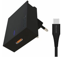 SWISSTEN síťový adaptér s technologií Super Fast Charging, 25W, černá + USB-C, M/M, 1.2m, černá