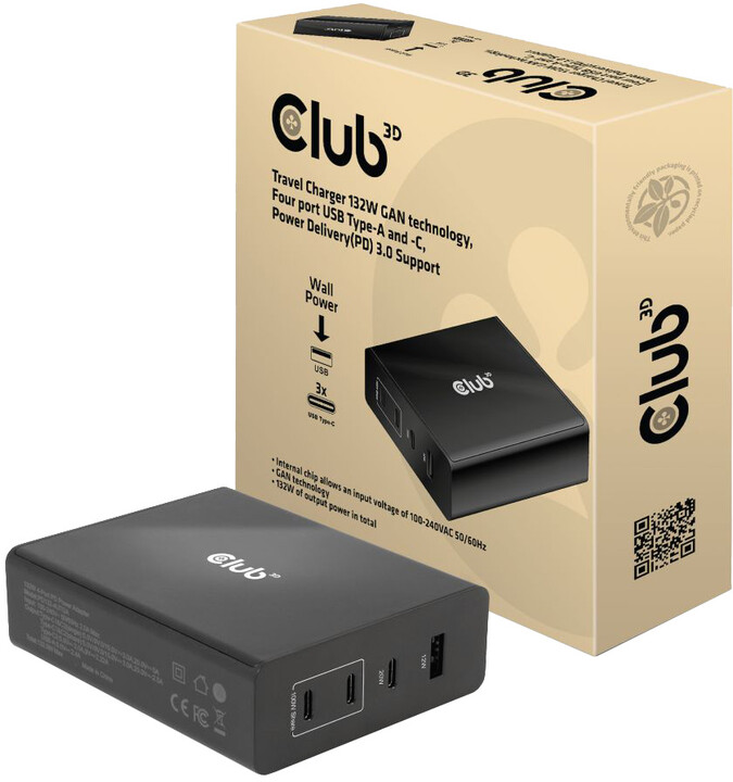Club3D síťová nabíječka, GAN technologie, 4xUSB-A a USB-C, PD 3.0 Support, 132W , černá_1395143765