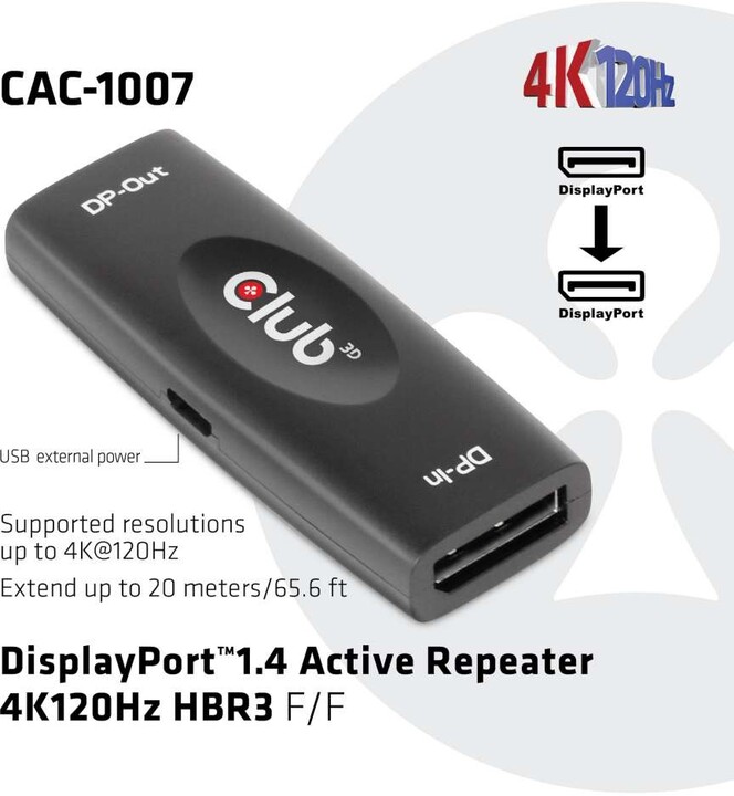 Club-3D DisplayPort™1.4 Active Repeater 4K120Hz HBR3 F/F_1352017380