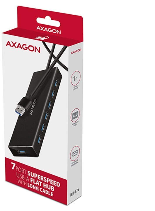 AXAGON HUE-F7A, 7x USB 3.2 Gen 1, ALU FLAT CHARGING hub, micro USB, kabel USB-A 1m_1594736072