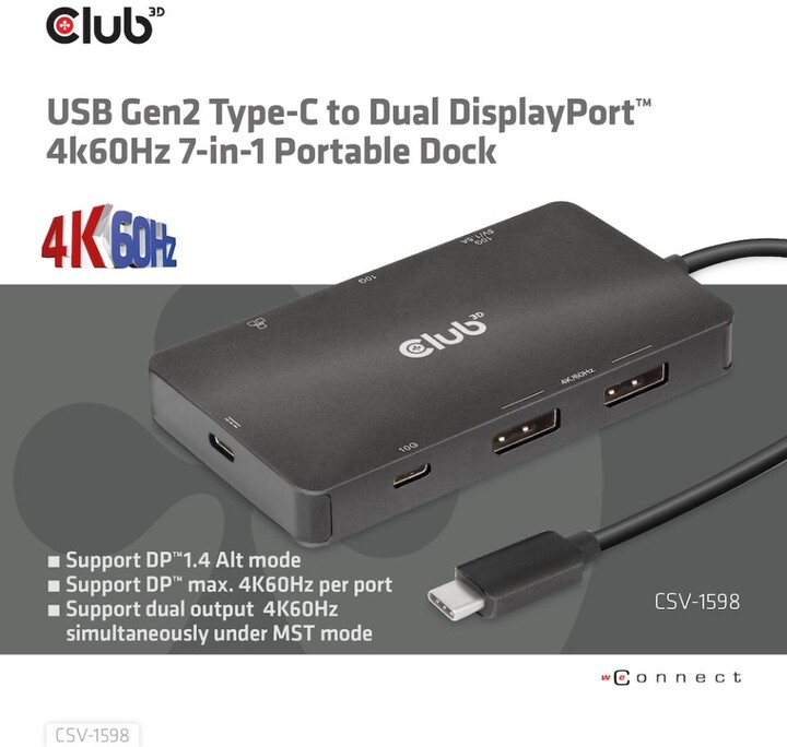 Club3D dokovací stanice USB Gen2 Type-C na Dual DisplayPort 4k60Hz 7-in-1 Portable Dock_2049202570