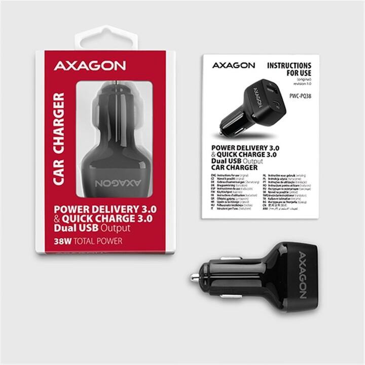 AXAGON nabíječka do auta PWC-PQ38, 2x port (USB + USB-C), PD3.0/QC3.0/AFC/FCP/Apple, 38W_265770436