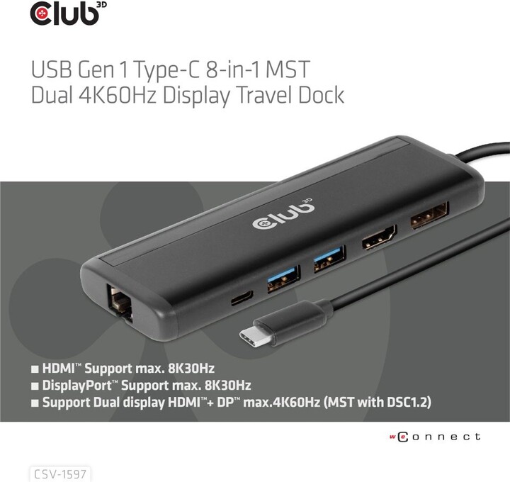 Club3D dokovací stanice USB-C, 8-in-1 MST Dual 4K60Hz, Display Travel Dock_1034663971