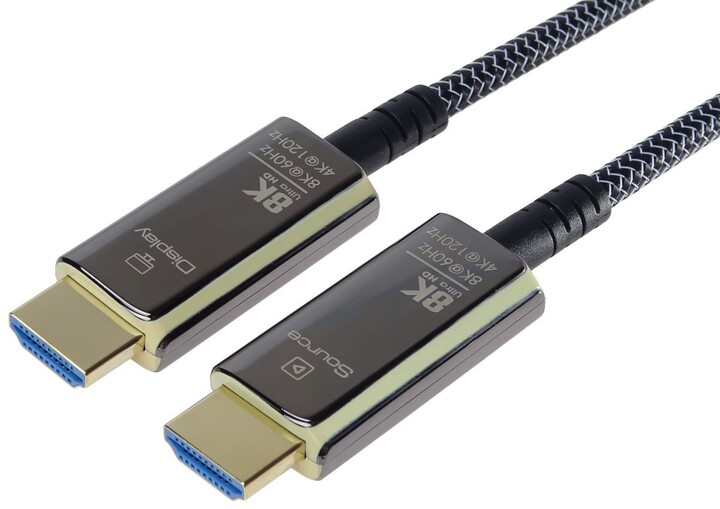 PremiumCord optický fiber kabel, Ultra High Speed HDMI 2.1, 8K@60Hz, zlacené, opletený, 15m_1236910016